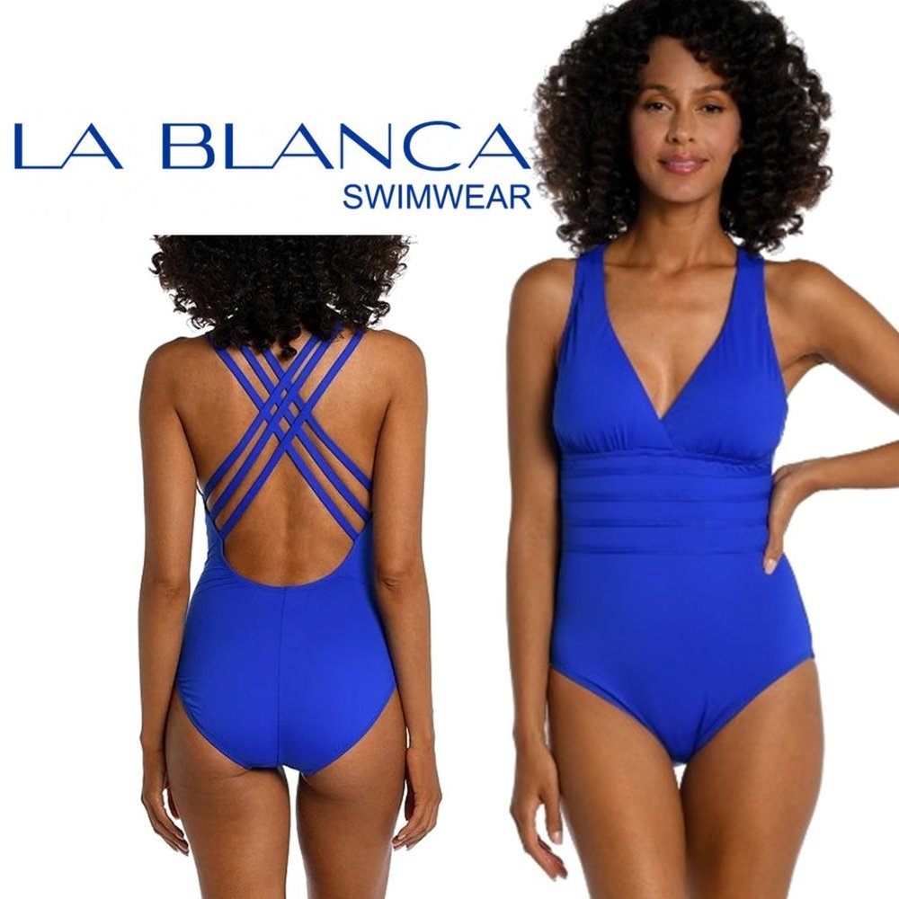 LA BLANCA "Sapphire" Strappy-Back Tummy-Control Swimsuit NEW W…